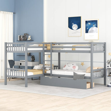 MERITLINE Quad Bunk Beds with Storage,4 Twin Bunk Bed for Kids, Solid Wood L Shaped Bunk Bed 4 Bed Bunk Beds for Kids,Teens, Adults,Grey MERITLINE