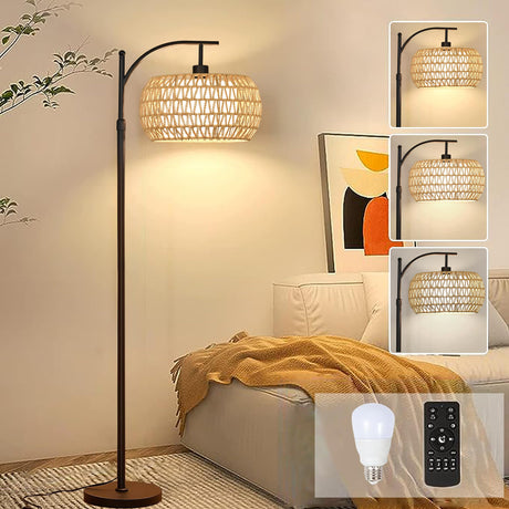 Arc Floor Lamp for Living Room Rattan Boho Floor Lamp with Remote Control,Dimmable LED Floor Lamp Wicker Lamp Shades Black Standing Lamp with 3 Color Temperature Tall Floor Lamp For Bedroom Corner ZECOXOL