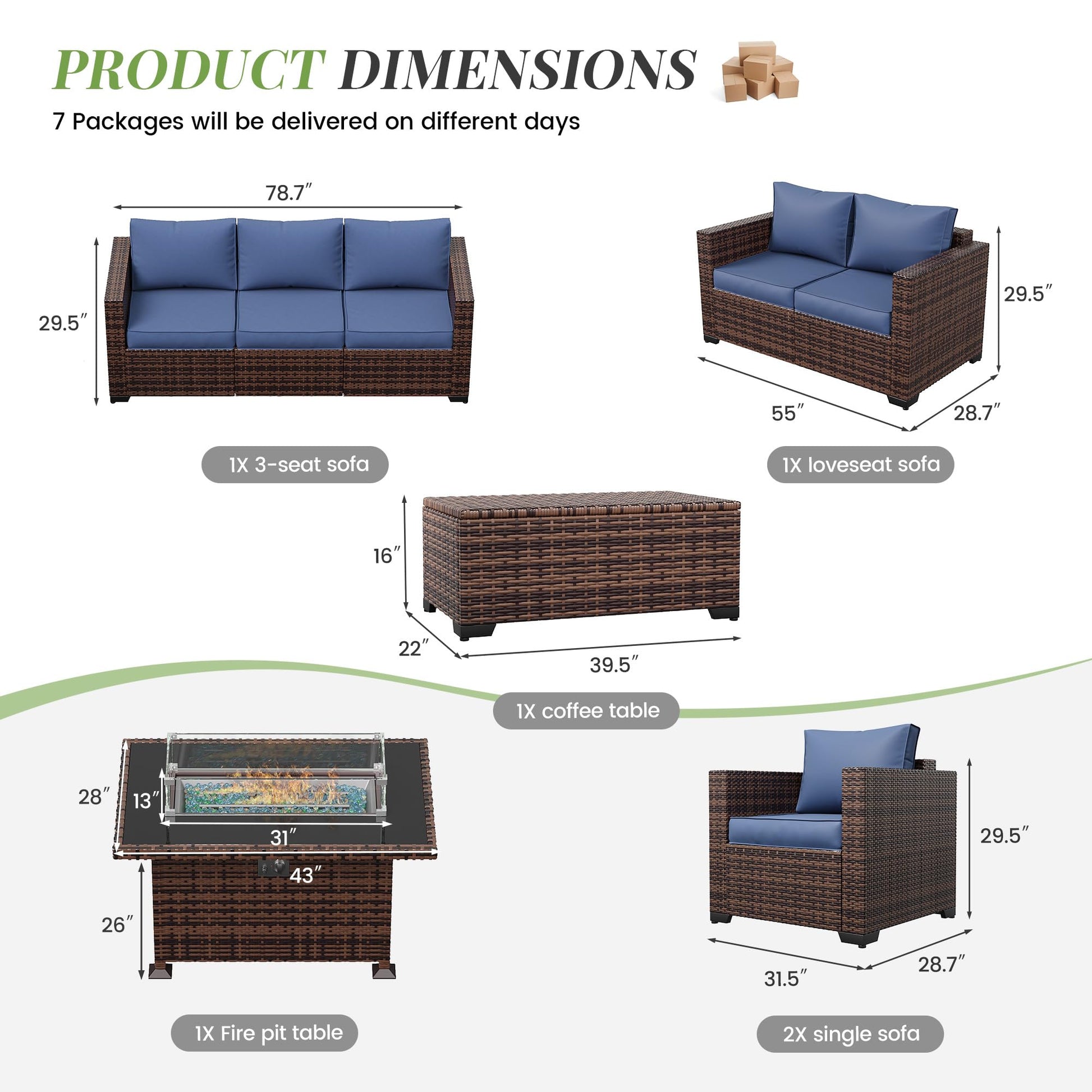 Amopatio Patio Furniture Set with Fire Pit Table, 6 Pieces Outdoor Oversized Sectional Couch Wicker Patio Armrest Sofa, 44" Fire Pit Conversation Sets with Storage Table, Waterproof Cover (Na - WoodArtSupply