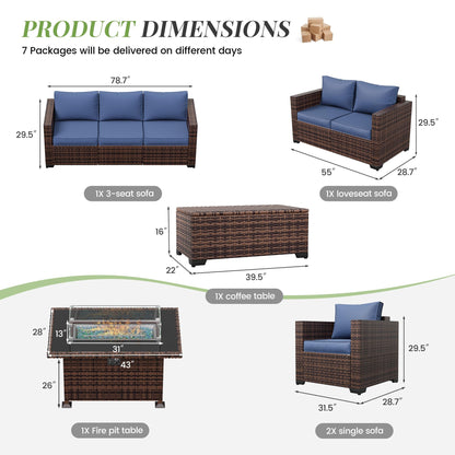 Amopatio Patio Furniture Set with Fire Pit Table, 6 Pieces Outdoor Oversized Sectional Couch Wicker Patio Armrest Sofa, 44" Fire Pit Conversation Sets with Storage Table, Waterproof Cover (Na - WoodArtSupply