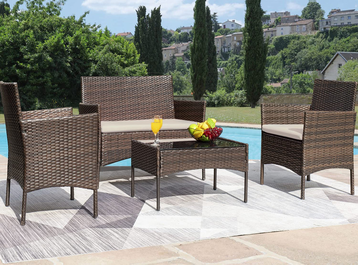 Greesum Patio Furniture 4 Pieces Conversation Sets Outdoor Wicker Rattan Chairs Garden Backyard Balcony Porch Poolside loveseat with Soft Cushion and Glass Table, Brown and Beige Greesum