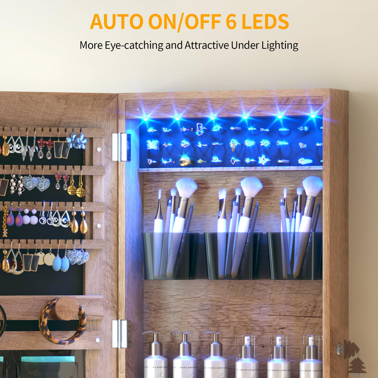 LVSOMT LED Wall/Door Mounted Jewelry Cabinet Armoire, Full Length Mirror with Lights, Lockable Storage Organizer, Over the Door Hanging Body Mirror (Wood) LVSOMT