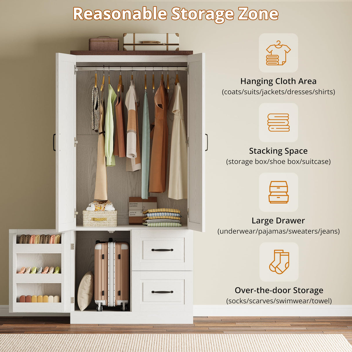 ModernMate Armoire Wardrobe Closet, 71 Inches Tall Wooden Modern Bedroom Armoires with 3 Doors and 2 Drawers, Freestanding Wardrobe Combination Clothing Cabinet with Hanging Rod, White ModernMate