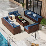 Amopatio Outdoor Patio Furniture Set, 14 Pieces PE Wicker Pit Sectional Sofa with Blue Cushions, Coffee Tables, All-Weather Covers, Patio Conversation Sets Fits Patio Deck Balcony Yard Amopatio