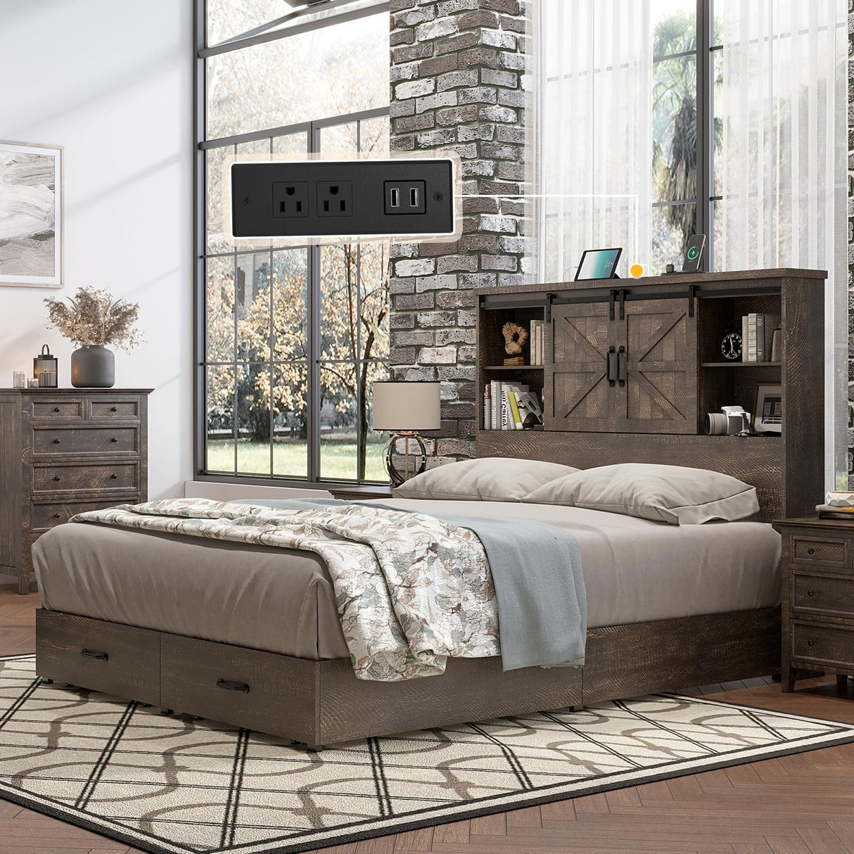 Rustic HOWE Full Size Wood Platform Bed with Bookcase Headboard and Storage Drawers HOWE
