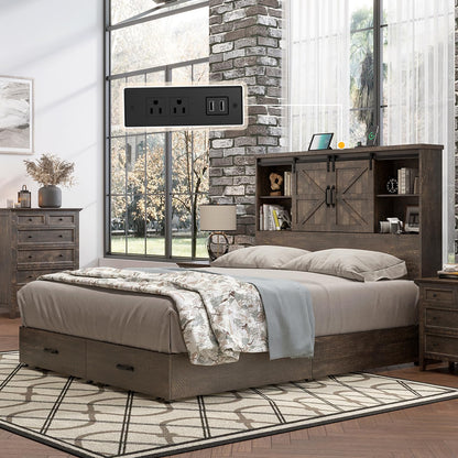 Rustic HOWE Full Size Wood Platform Bed with Bookcase Headboard and Storage Drawers - WoodArtSupply