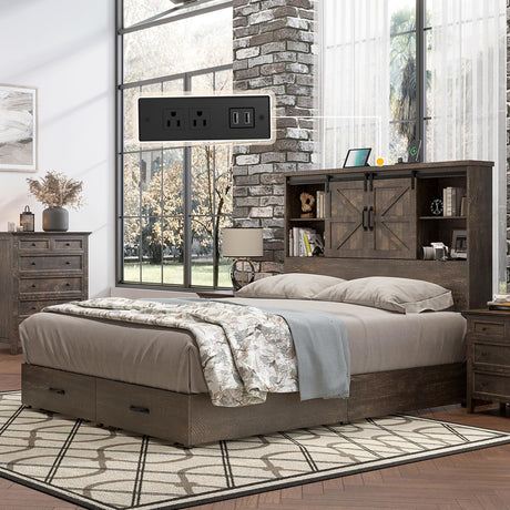 Rustic HOWE Full Size Wood Platform Bed with Bookcase Headboard and Storage Drawers HOWE