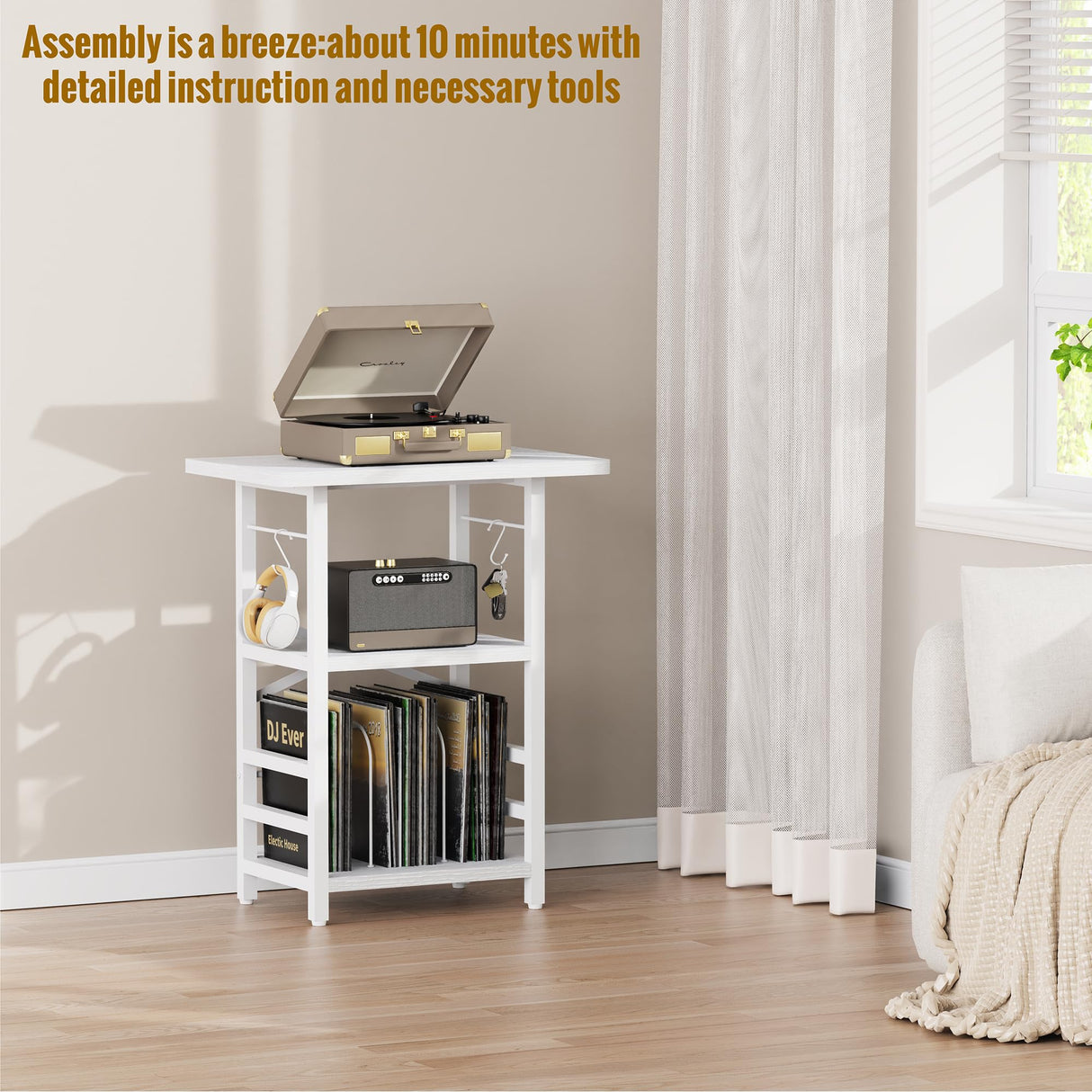 YAKANJ Record Player Stand with Extended Desktop,Large Record Player Table with Vinyl Storage,Turntable Stand with Record Holder Vinyls Display Shelf for Music Room Studio,White YAKANJ