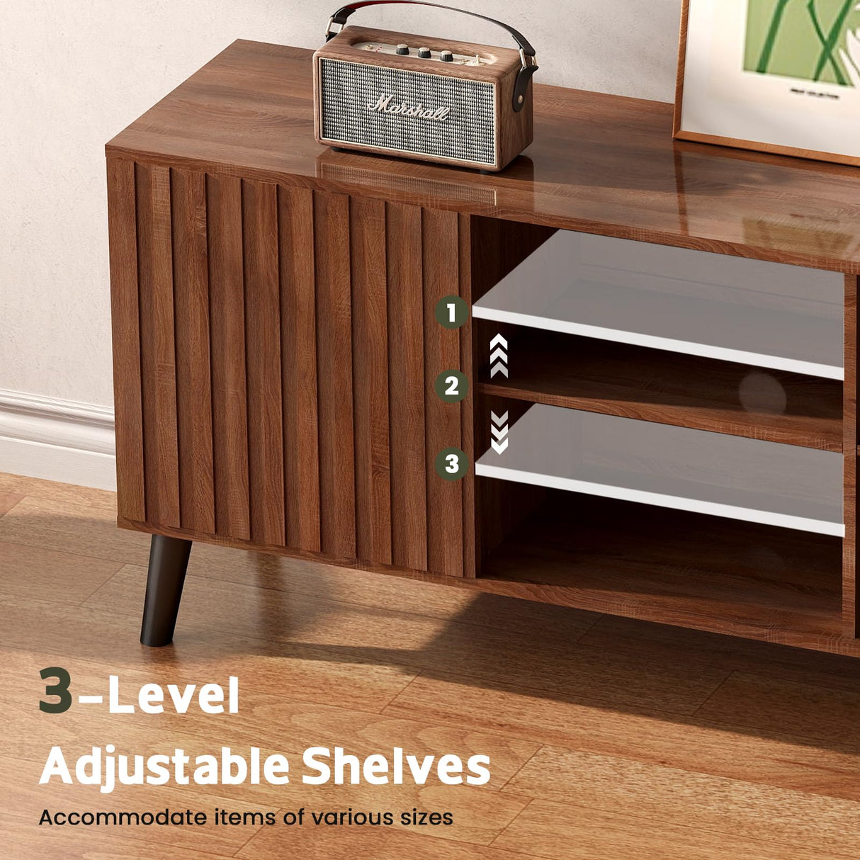 Lamtor Mid-Century Modern TV-Stand - Fluted TV Stand for 80 75 65Inch TV, Entertainment Center with Storage, Media Console with Adjustable Shelves for Living Room, Walnut Lamtor