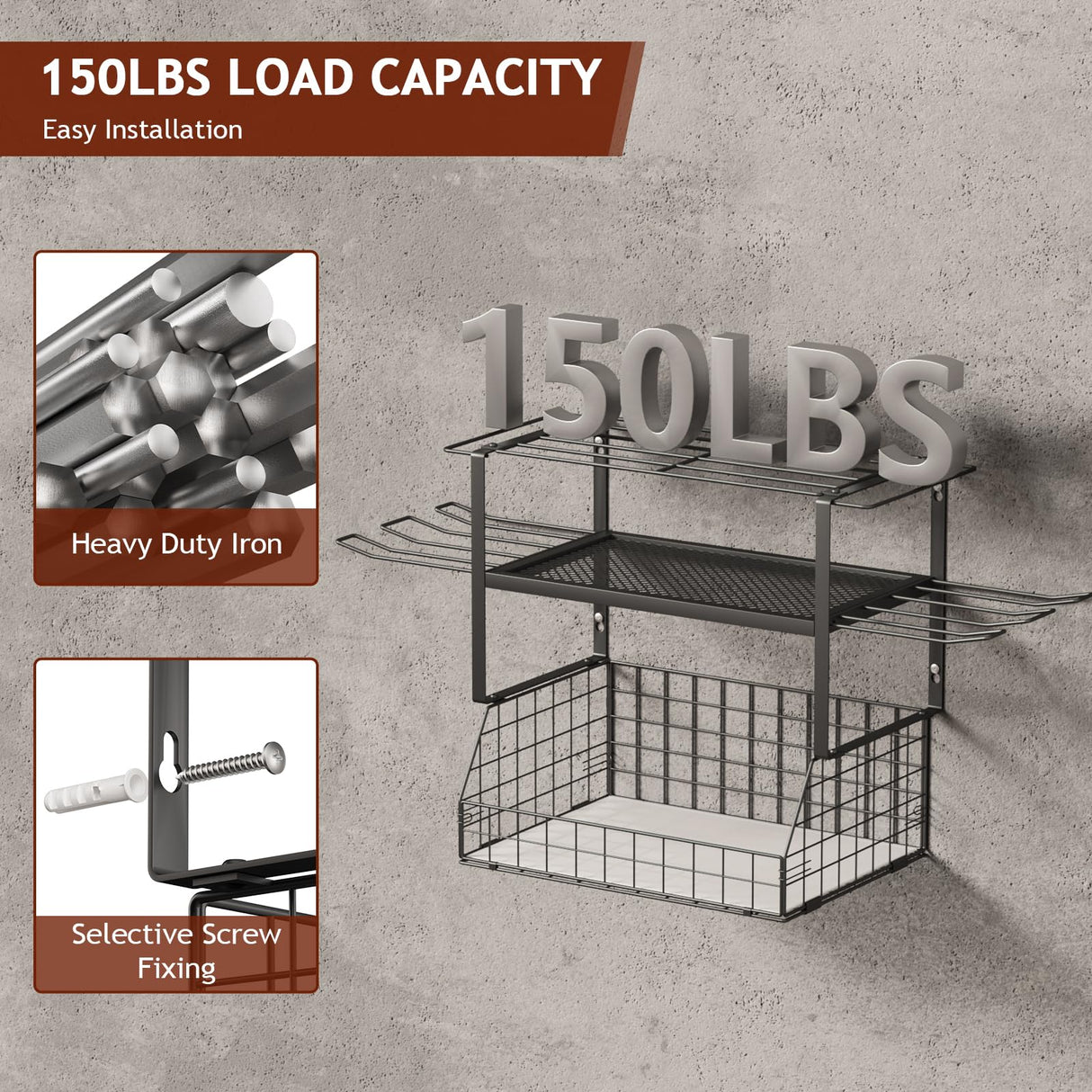 Homsorout Garage Shelves Wall Mounted - with Wire baskets, Heavy Duty Garage Wall Shelving with Hooks, Wire Shelf Baskets Tool Organizer for Home Garden Garage Organization and Storage Homsorout