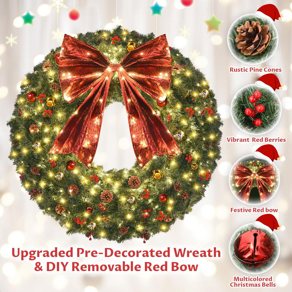 48inch Large Christmas Wreath - Outdoor Christmas Wreath with 300 Lights and Timer Remote Control, Red Bows, Jingle Bells, Pine Cones, Berry Clusters - 720 PVC Tips Artificial Pre Lit Xmas Wreaths Vuskly