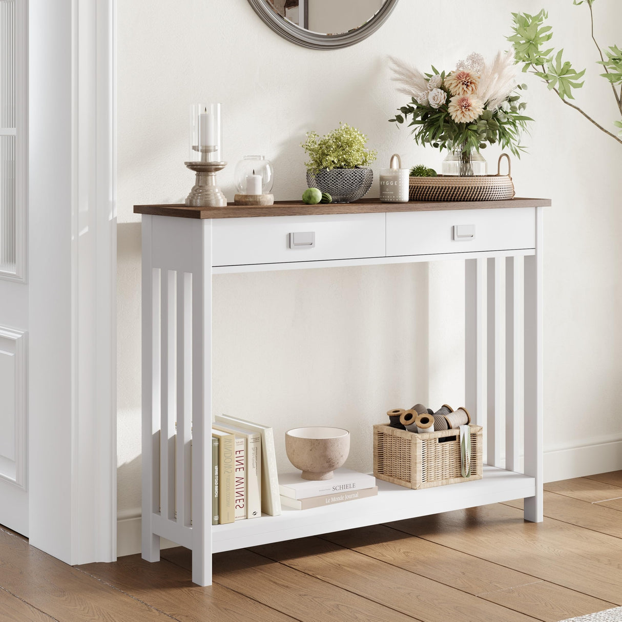 ChooChoo Farmhouse Console Table with Drawer, Mission Narrow Entryway Sofa Table with Storage, for Entryway, Living Room and Hallway, Soft White and Brown ChooChoo
