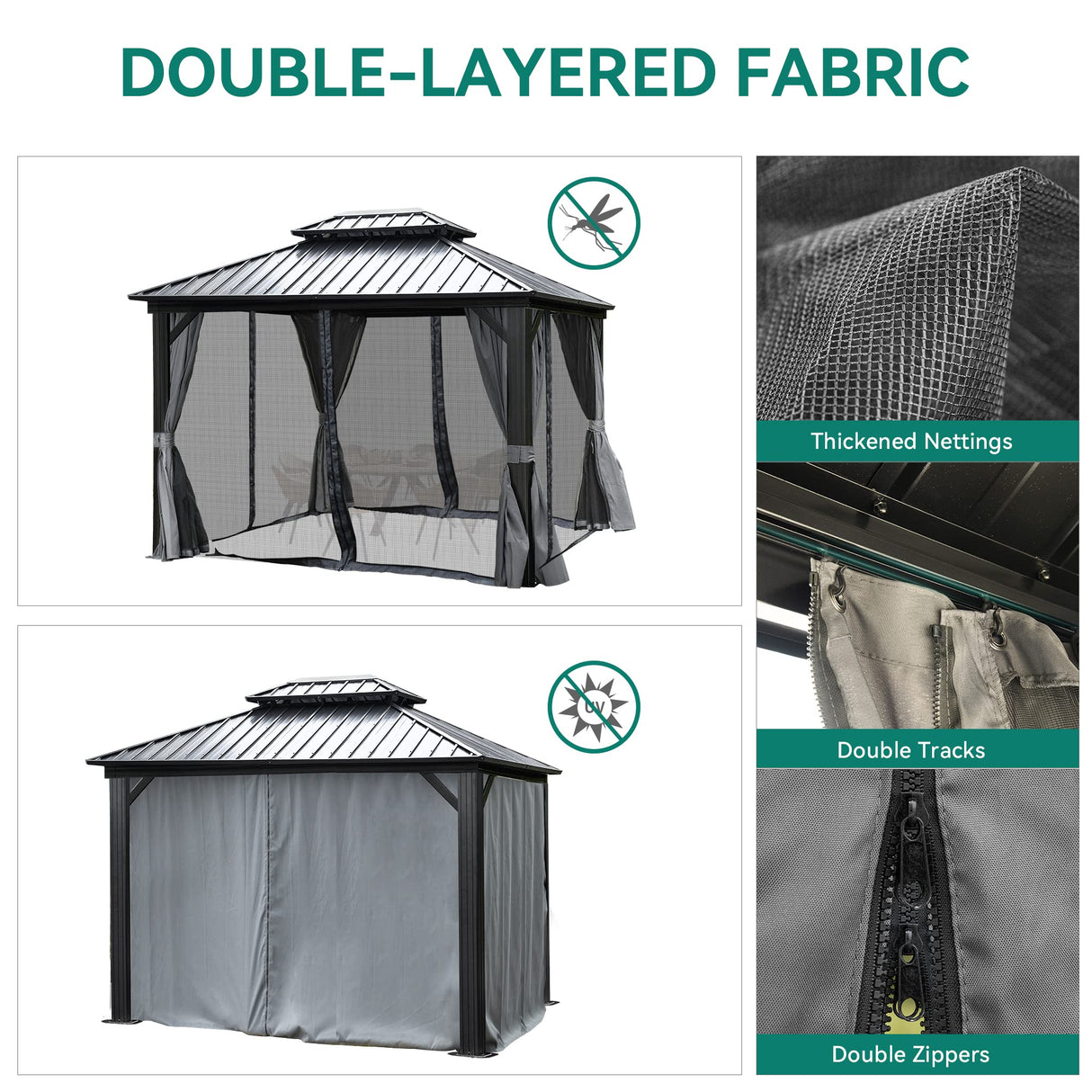 DWVO 10x12ft Hardtop Gazebo Double Roof with Nettings and Curtains, Heavy Duty Galvanized Steel Outdoor Vertical Stripes Roof for Patio, Backyard, Deck, Lawns, Grey DWVO