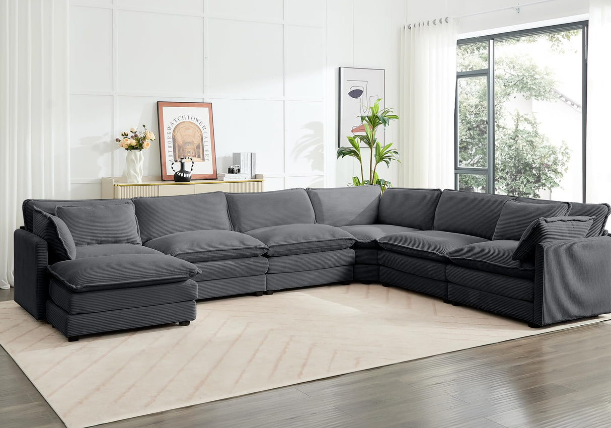 ROWHY 150'' Modular Sectional Sofa Cloud Couch, Corner Sofa Big Comfy Corduroy Oversized L Shaped Couch with 4 Pillows, Chaise, Ottoman, Deep Seat Couches for Living Room Office, Dark Grey ROWHY