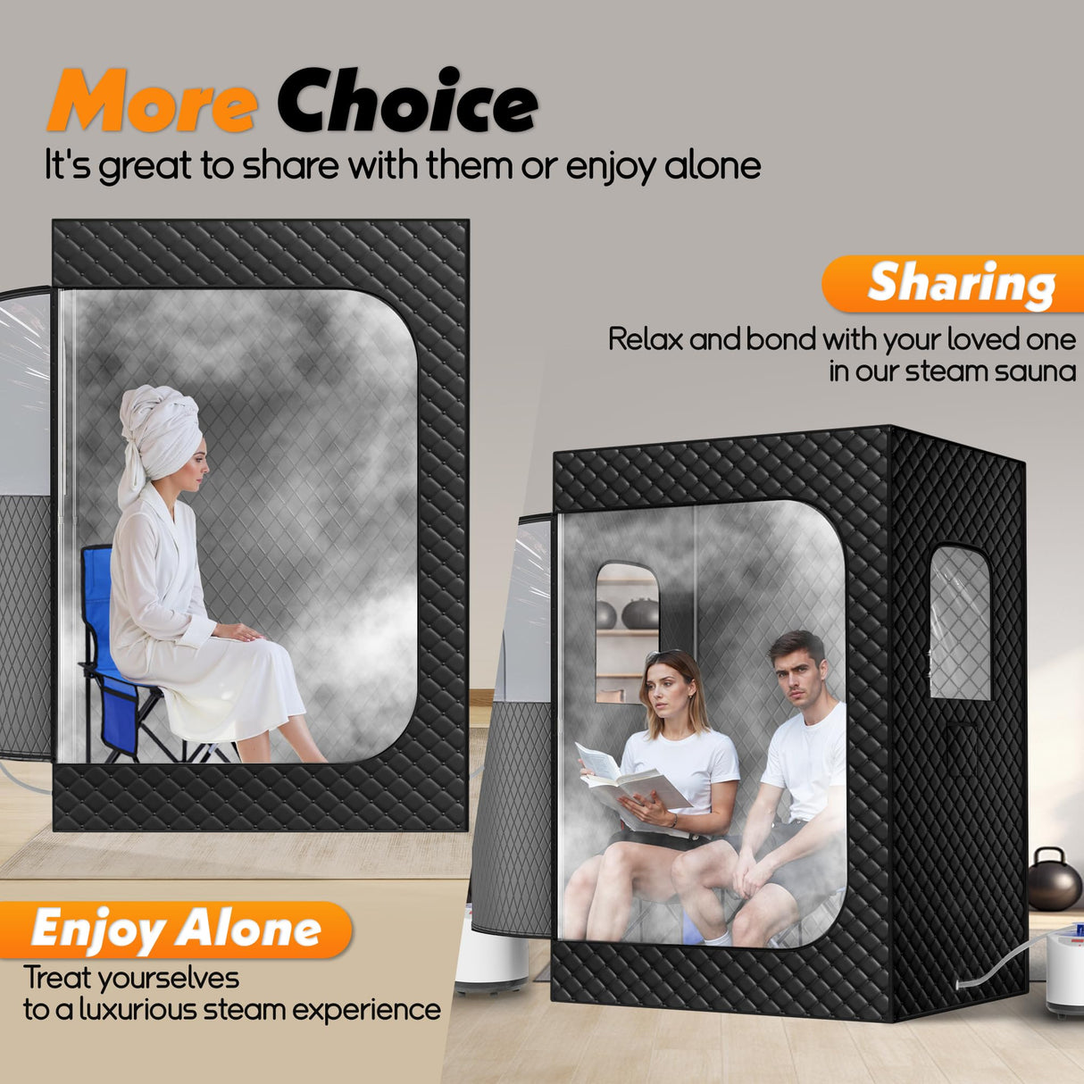 Tehanld 2 Person Portable Steam Sauna for Home, Upgraded 2 Steamer, 2 Foldable Chair & Remote Control (Black) Tehanld
