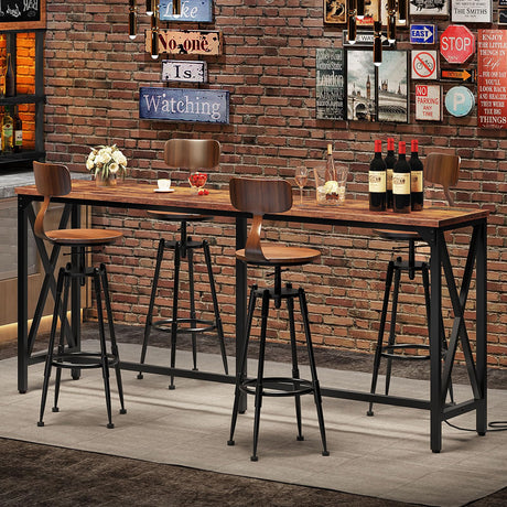 CHOEZON 70.9'' Bar Table, Kitchen Dining Table with Power Outlet and Footrest, Industrial Style, for Pub, Living Room, Rustic Brown and Black TBT08UBF CHOEZON