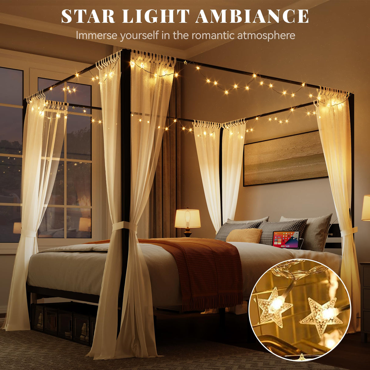 YITAHOME Canopy Bed Frame King, Four Poster Bed with Charge Station & Star-Shaped LED Light, 14 Inch Platform with Built-in Headboard Strong Metal Slat Mattress Support, No Box Spring Needed, Black YITAHOME