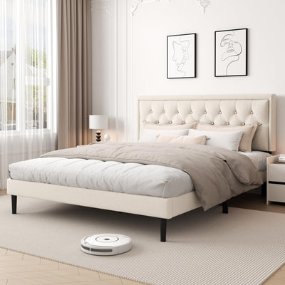 CXVX King Size Platform Bed Frame with Upholstered Velvet Button Tufted Headboard, Mattress Foundation with Wooden Slat Support, No Box Spring Needed, Easy Assembly, Noise Free, Beige