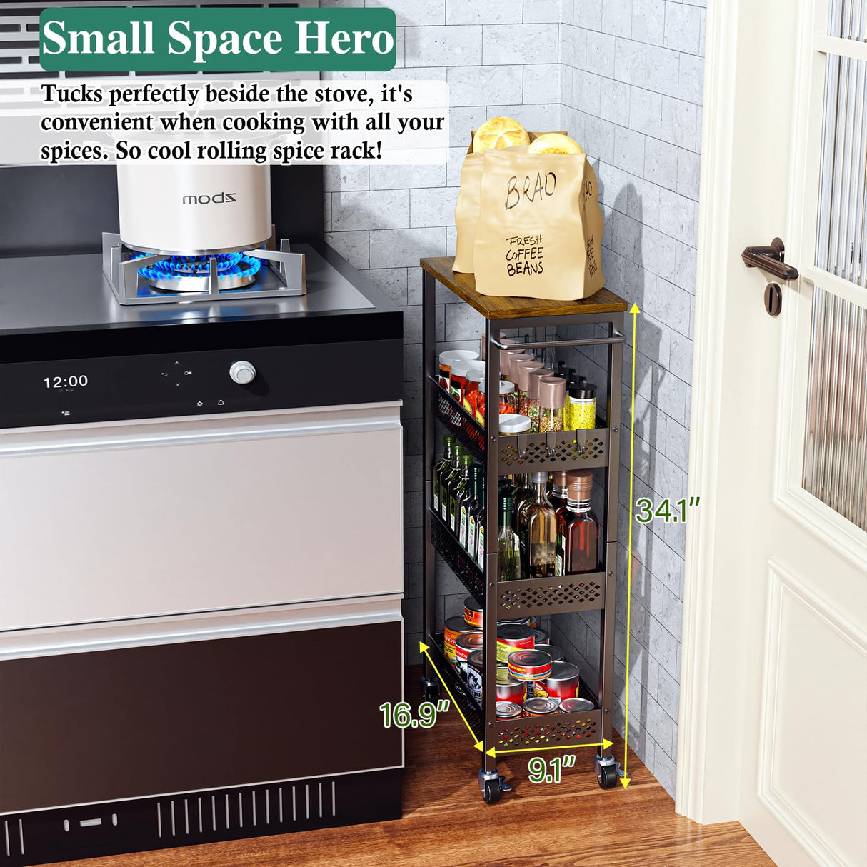 OKZEST Utility Slim Storage Cart, 4-Tier Narrow Bathroom Organizer and Storage Cart, Metal Narrow Kitchen Laundry Room Organization Rack with Wood Top, Slim Rolling Shelf with Wheels for Small Space OKZEST