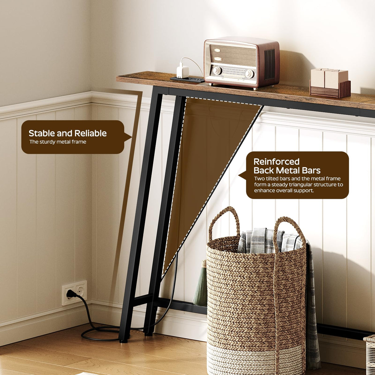 YATINEY 78.7" Skinny Console Table with Power Outlets, 5.9" Sofa Tables Narrow Long, Industrial Behind Couch Table, for Hallway, Entryway, Living Room, Rustic Brown and Black CT205UBR YATINEY