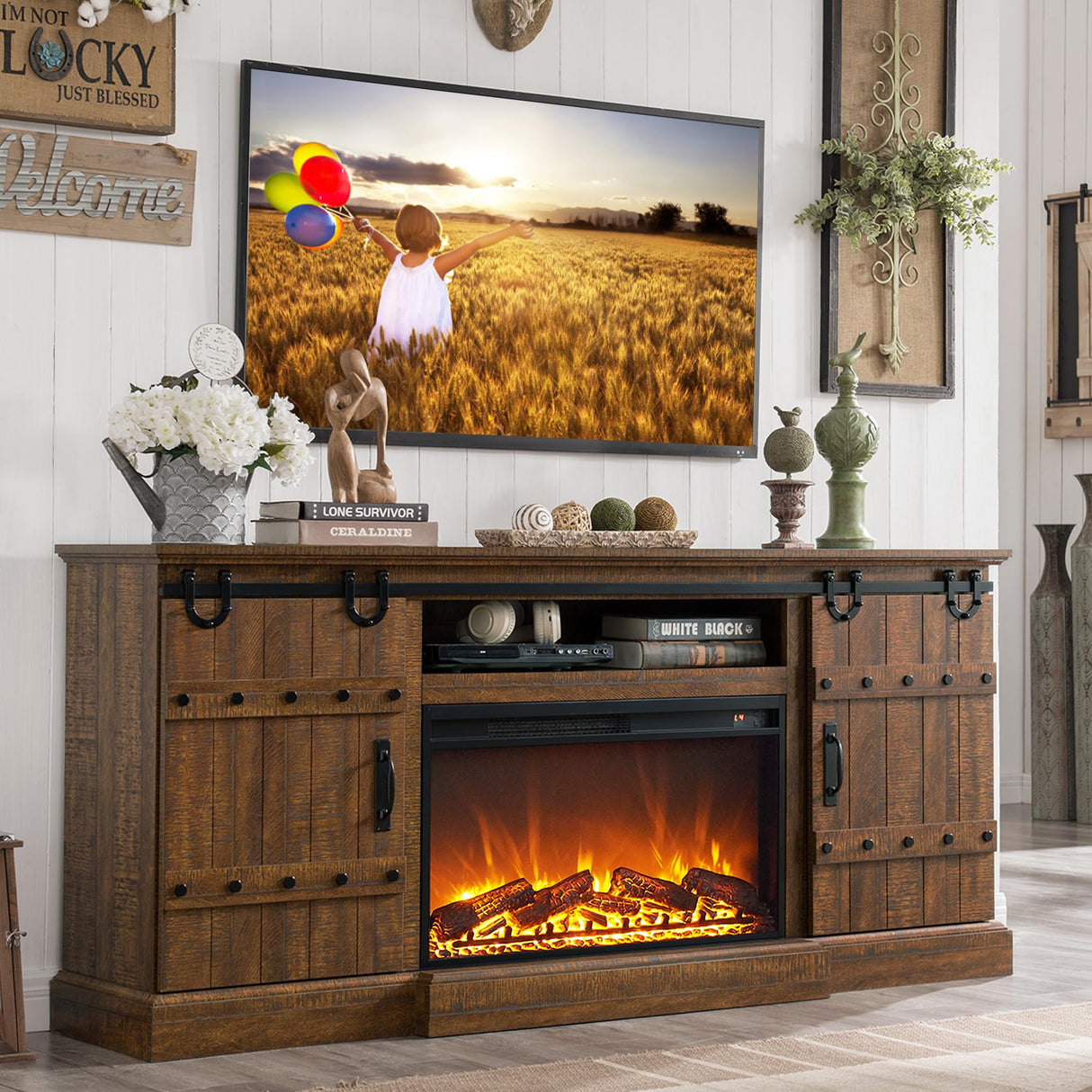 OKD 70" Fireplace TV Stand for 75 80 Inch TV, Farmhouse Highboy Entertainment Center with 30" Electric Fireplace &Sliding Barn Doors, 32" Tall Media Console Cabinet for Living Room, Reclaimed Barnwood OKD
