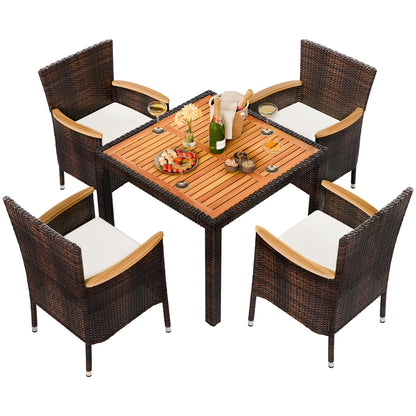 Shintenchi 5 Piece Patio Dining Set, Wicker Patio Conversation Set with Wood Table Top, Outdoor Table and Chairs with Soft Cushions for Backyard, Deck and Garden, Brown Rattan - WoodArtSupply