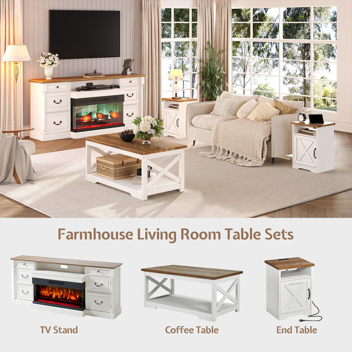 LUXOAK 3-Piece Farmhouse Living Room Table Sets, Includes 1 x Coffee Table, 2 x End Tables with Charging Station & USB Ports, Rustic Coffee Table Set of 3, Distressed White LUXOAK
