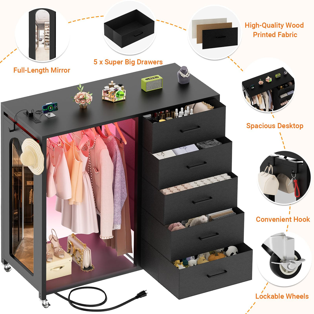Cyclysio Dresser for Bedroom with Clothes Rack & Mirror, Black 5 Drawers Dresser with Charging Station & LED Lights, Rolling Chest of Drawers with Wheels, Full Length Mirror, Wooden Top,Bedroom,Closet Cyclysio