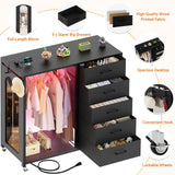 Cyclysio Dresser for Bedroom with Clothes Rack & Mirror, Black 5 Drawers Dresser with Charging Station & LED Lights, Rolling Chest of Drawers with Wheels, Full Length Mirror, Wooden Top,Bedroom,Closet Cyclysio