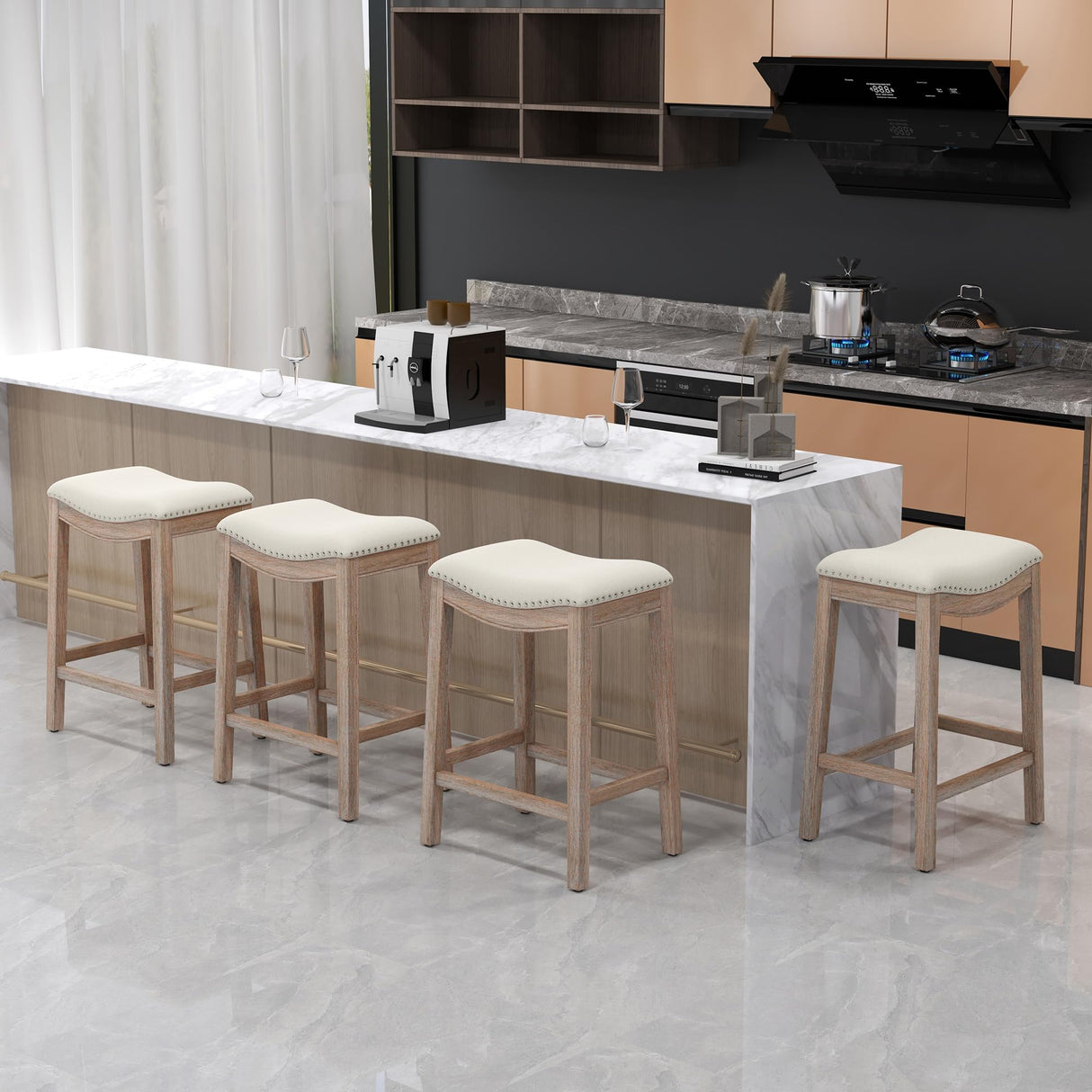 ABET Bar Stools Counter Height Chair Set of 4, 27" Backless Farmhouse Barstools with Wood Leg & Built-in Footrest, Nailhead Saddle Seat, Upholstered Linen Kitchen Island Chairs, Beige ABET