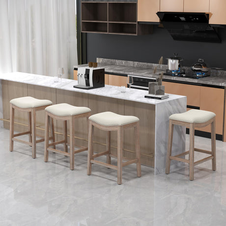 ABET Bar Stools Counter Height Chair Set of 4, 27" Backless Farmhouse Barstools with Wood Leg & Built-in Footrest, Nailhead Saddle Seat, Upholstered Linen Kitchen Island Chairs, Beige ABET
