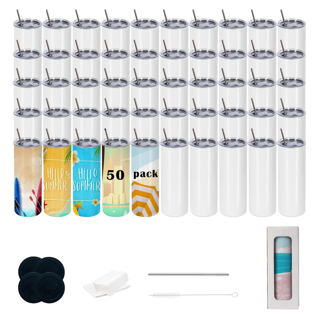 JKGTKC 50pack 20oz skinny straight sublimation tumblers blank stainless steel heat press cup with Lid,Individually Box,silicone base Polymer Coating for Heat Transfer (50pack) JKGTKC