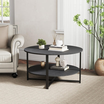 31.5" Coffee Tables for Living Room Small Coffee Table with Open Storage Shelf, 2-Tier Modern Circle Wood Center Table, Black