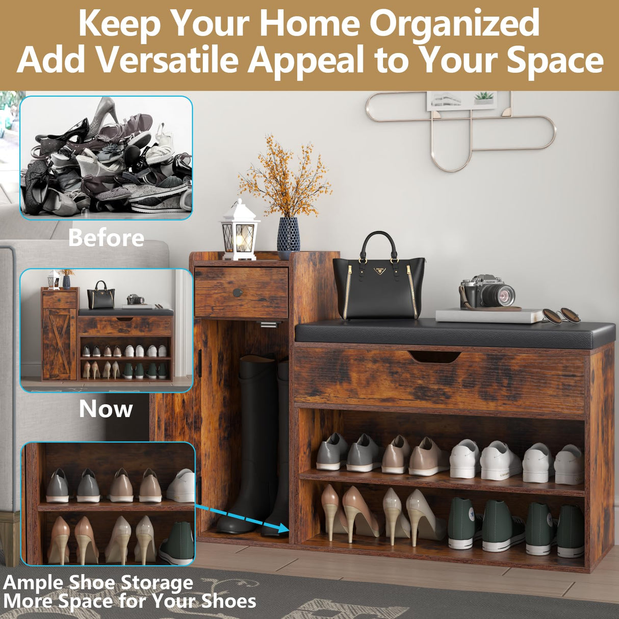 Gyfimoie Shoe Storage Bench, Farmhouse Entryway Bench with Drawer, 2-Tier Shoe Bench with Seat Cushion & Lift Top Storage Box, Slim Shoe Cabinet Bench for Entryway, Living Room, Bedroom (Rustic Brown) Gyfimoie