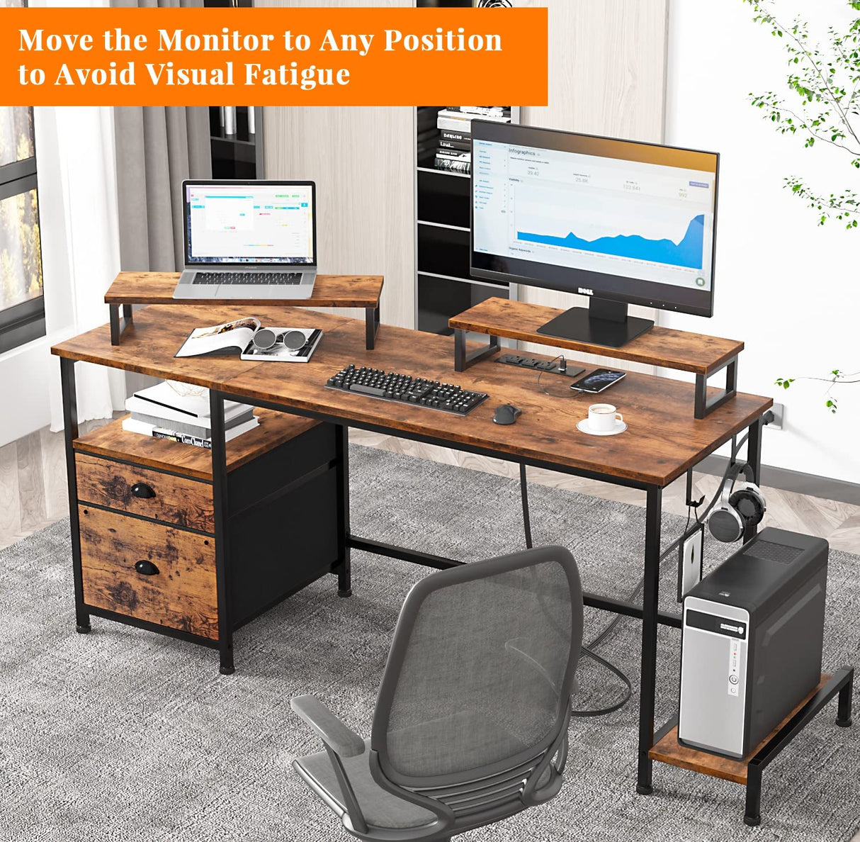 Furologee Desk with Drawer and Power Outlets, 55" Large Compter Desk with Fabric File Cabinet and 2 Movable Monitor Shelf, Writing Gaming Table with CPU Stand and 2 Hooks for Home Office, Rustic Brown Furologee