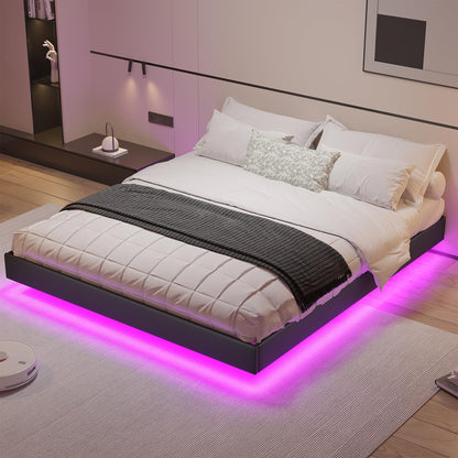 Hasuit Floating Queen Bed Frame with LED Lights - Modern Black Platform Design, No Box Spring Needed - WoodArtSupply