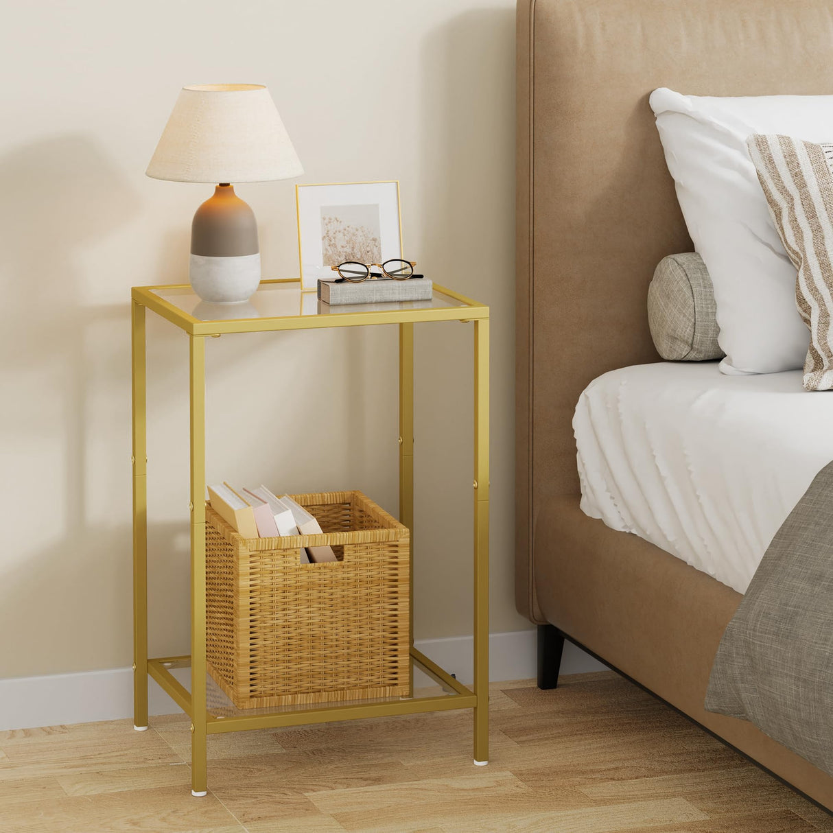 HOMSHO Side Tables Set of 2, End Tables with Tempered Glass, 2-Tier Nightstands with Storage Shelves, Coffee Table with Modern Style, Slim Sofa Table for Living Room, Bedroom, 11.8" D x 15" W, Golden HOMSHO