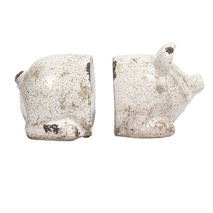 Creative Co-Op Distressed White Pig Shaped Terracotta Bookends (Set of 2 Pieces)