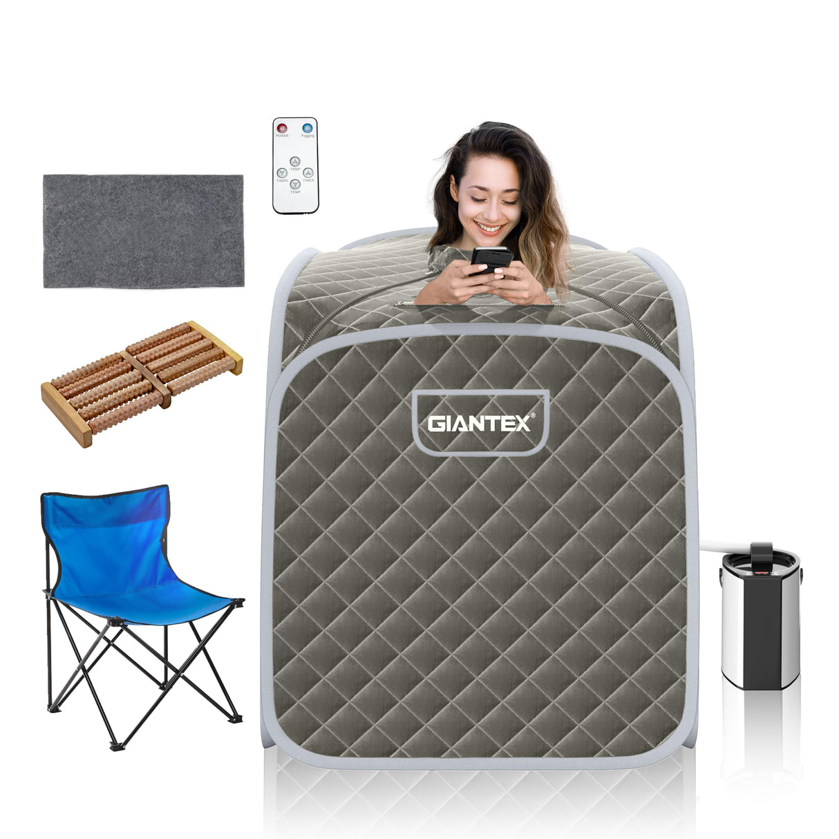 Giantex Portable Sauna, Sauna Box 3L Steam Box Remote Control, 9 Adjustable Temperature & Timer, Foot Roller, Mat & Foldable Chair, Steam Sauna for Single Person, Personal Sauna Tent for Home, Gray Giantex