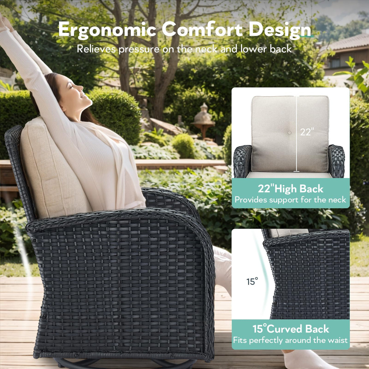 Artfurniz Outdoor Swivel Glider Rocker Chairs Set- 5 Piece Patio Furniture Set, Patio Bistro Sets with Tempered Glass Side Table and 2 Ottoman, for Balcony, Porch - Black Wicker Beige Cushion Artfurniz