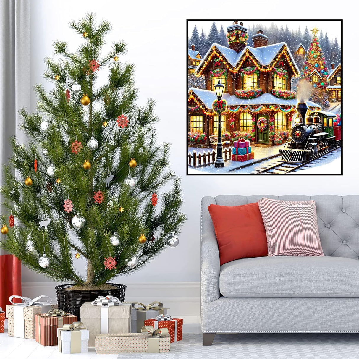 igoodom Christmas Diamond Art Kits for Adults, Christmas Train Diamond Painting Kit, Full Drill Round Winter House Diamond Art Kits, DIY Gem Art for Home Wall Decor Gift 14x14inch igoodom