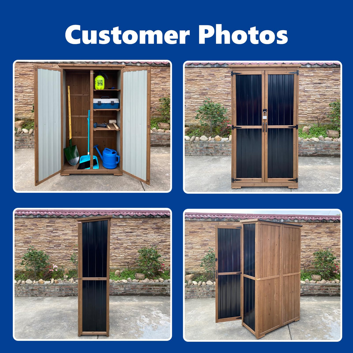 Outdoor Storage Cabinet Wood & Metal with Waterproof Roof, Garden Tool Shed with 3 Removable Shelves, 4 adjustable reinforced feet with metal brackets, 6 T-Hinge, magnetic door,15.6"D x 32.3"W x 66"H Gowoodhut