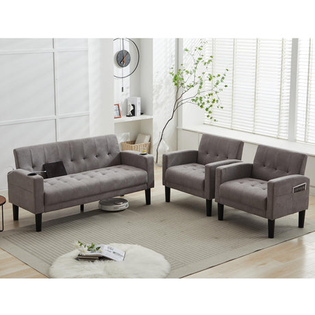TYBOATLE Sofa Couch, Living Room Furniture Sectional Sofa Sets 3 Pcs, Tufted Mid-Century Loveseat w/USB, Cupholders & Comfy Single Sofa for Small Space, Apartment, Office (Light Grey) TYBOATLE