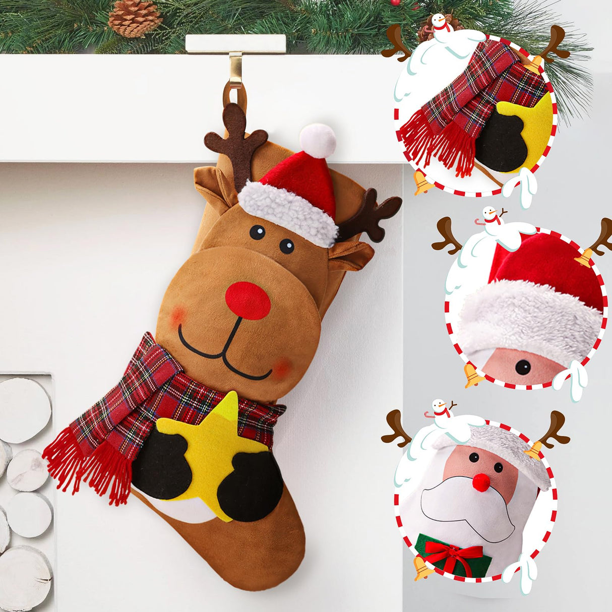 EverMerry Christmas Stockings, 3 PCS 18 Inches Classic Personalized Stockings for Fireplace Xmas Decoration, Large Santa, Snowman, Reindeer Stockings for Holiday Christmas Party EverMerry