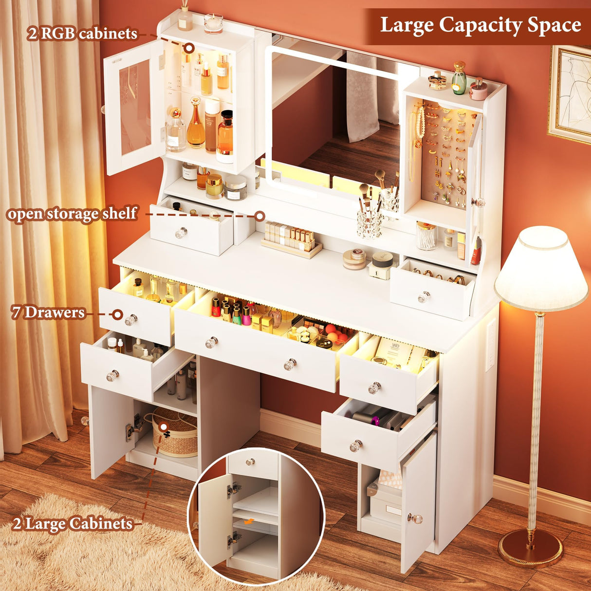 LIMGLIM Vanity Desk with Led Mirror and RGB Lights, 42" Makeup Vanity Desk with Power Outlet, 3 Colors Lighting Adjustable Brightness, 7 Drawers & 2 Large Cabinets, 2 RGB Cabinets for Bedroom, White LIMGLIM