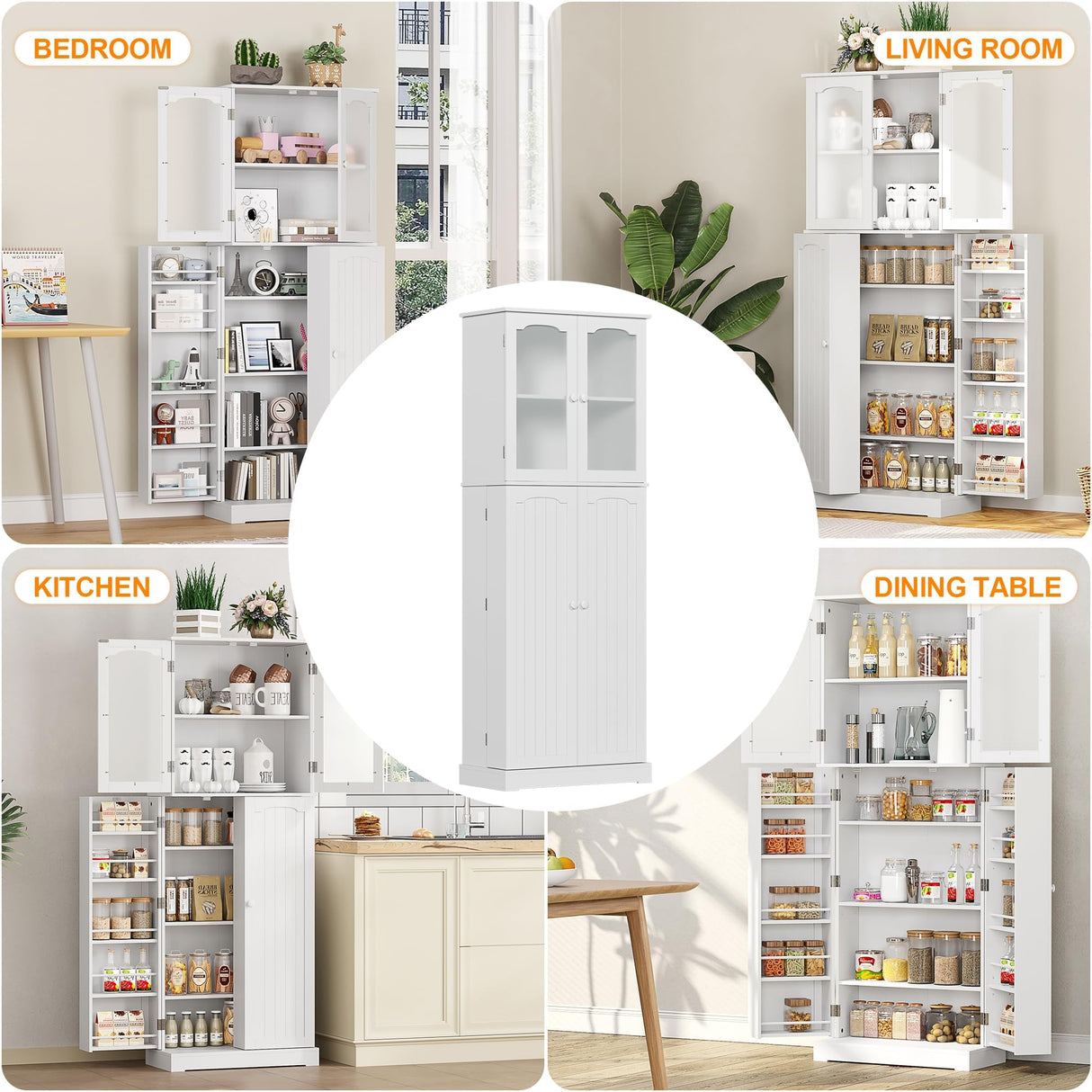HOME BI 64" Kitchen Pantry Cabinet, Tall Freestanding Pantry with Glass Doors,Wooden Food Pantry Storage Cabinet for Home Kitchen, Dining Room, Living Room, White HOME BI
