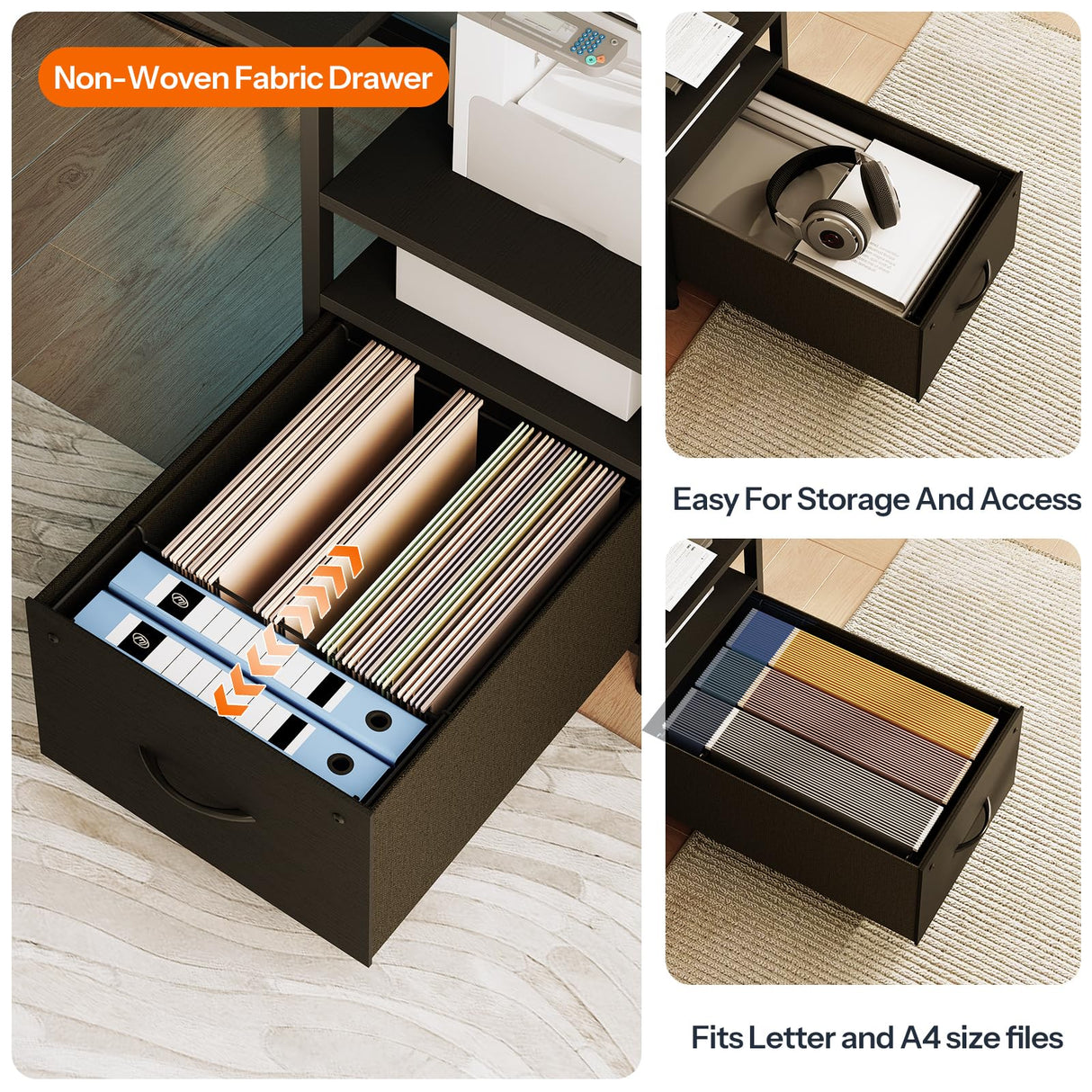 HOOBRO Computer Desk, 55" Home Office Desk with Fabric File Cabinet, Power Outlet and LED Strip, Office Desk with Monitor Stand and 2 Hooks for Home Office, Black BB46UDDN01 HOOBRO