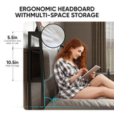 Full size bed frame with led lights, Metal Platform Frame Upholstered Headboard, Charging Station, Storage Shelves, Heavy Duty Metal Slats, No Box Spring Needed, Noise Free, Easy Assembly, Black Natekelly