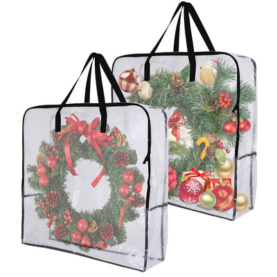 Tiltol 2 Pack 25 inches Wreath Storage Container,Extra Large Transparent Rectangular Christmas Ornament Storage Bags with Zipper and Handles,Perfect for Wreaths,Garlands,Gifts,Waterproof,Foldable