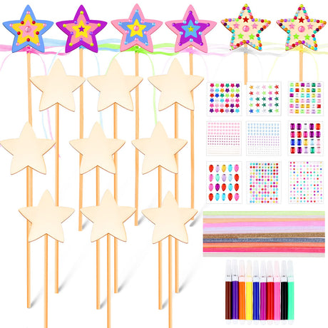 57 Pcs Star Princess Fairy Wands Kit Make Your Own Princess DIY Art Craft Magical Wand Include 18 Star Wooden Fairy 9 Gem Stickers 20 Ribbons 10 Markers Party Supply Chinco